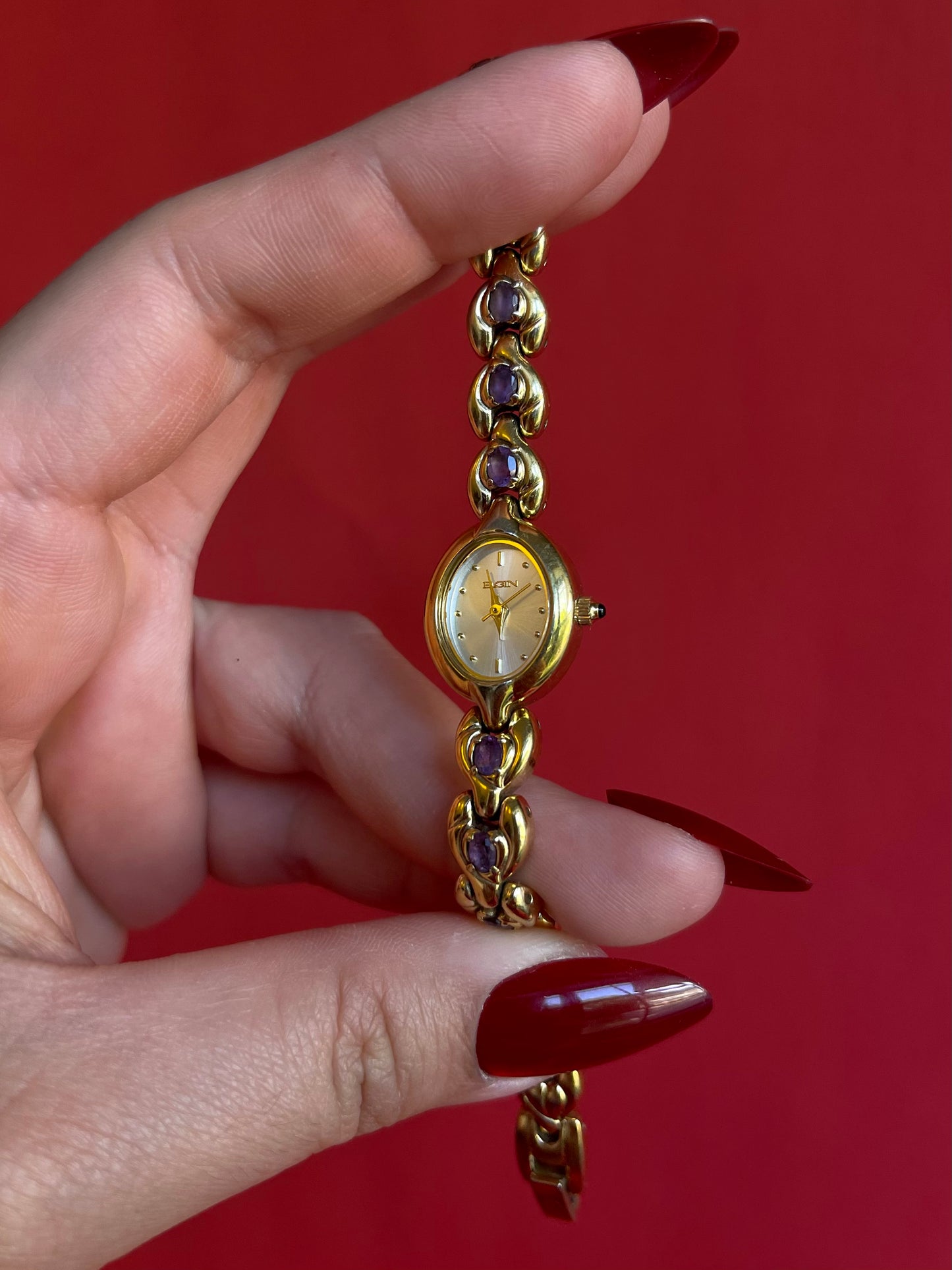 Vintage Elgin Gold Tone with Natural Amethyst Watch
