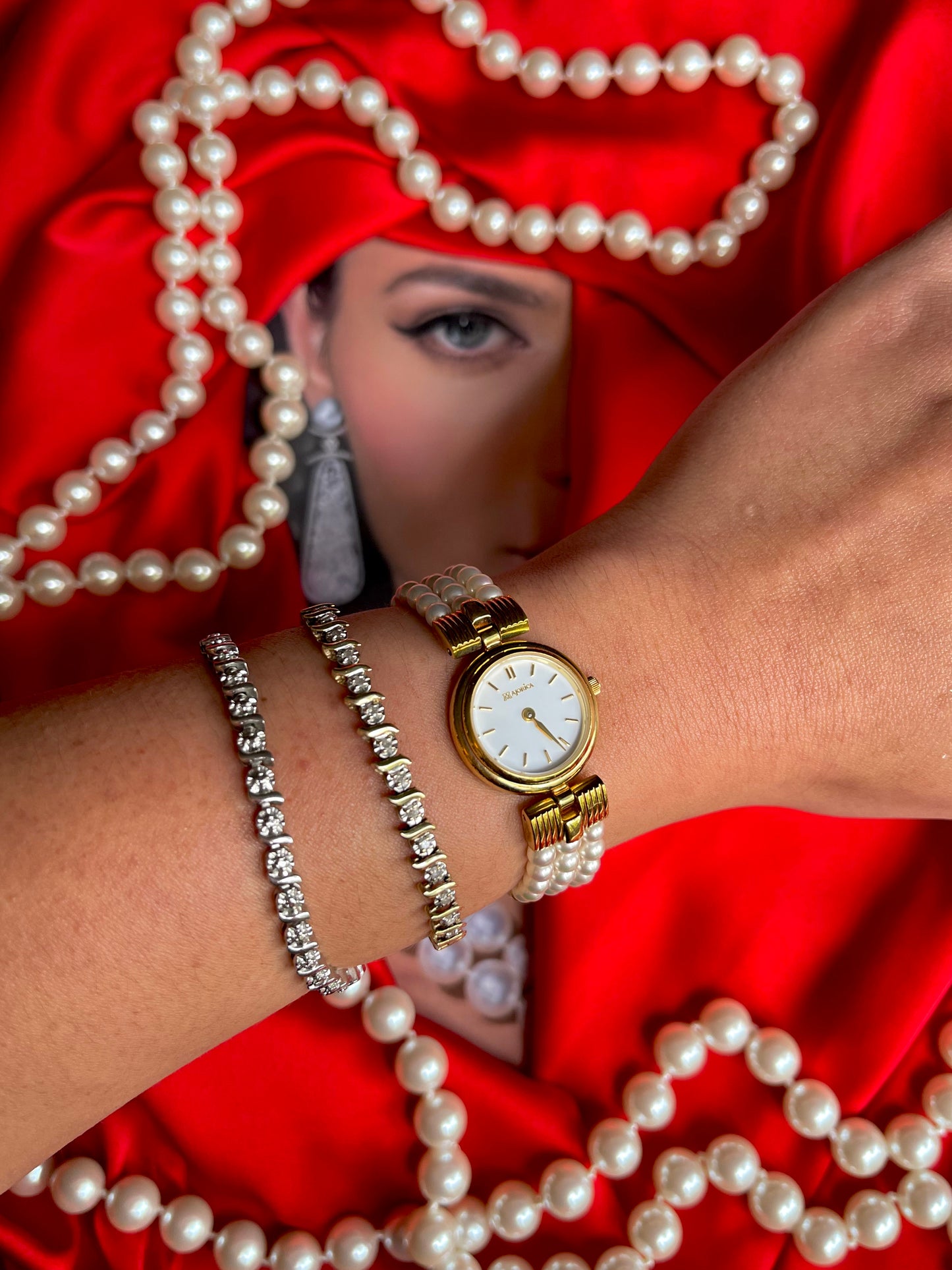 Vintage Majorica Faux Pearl 18K Gold Electroplated Bracelet Watch