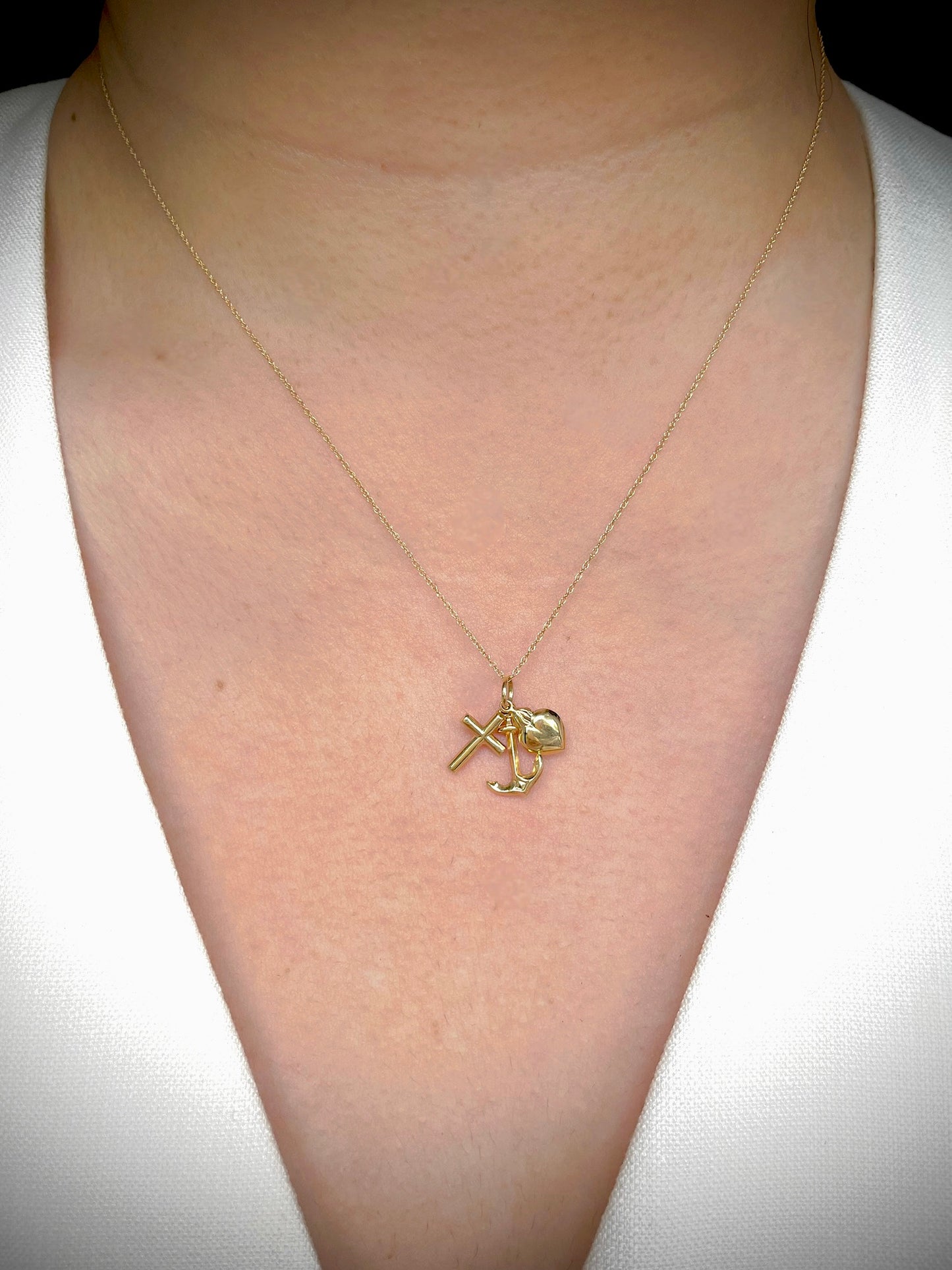14k Gold- Trio Charm Necklace: Heart, Cross, & Anchor