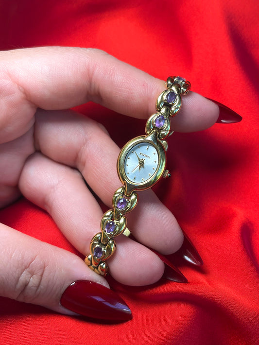 Vintage Elgin Gold Tone with Natural Amethyst Watch