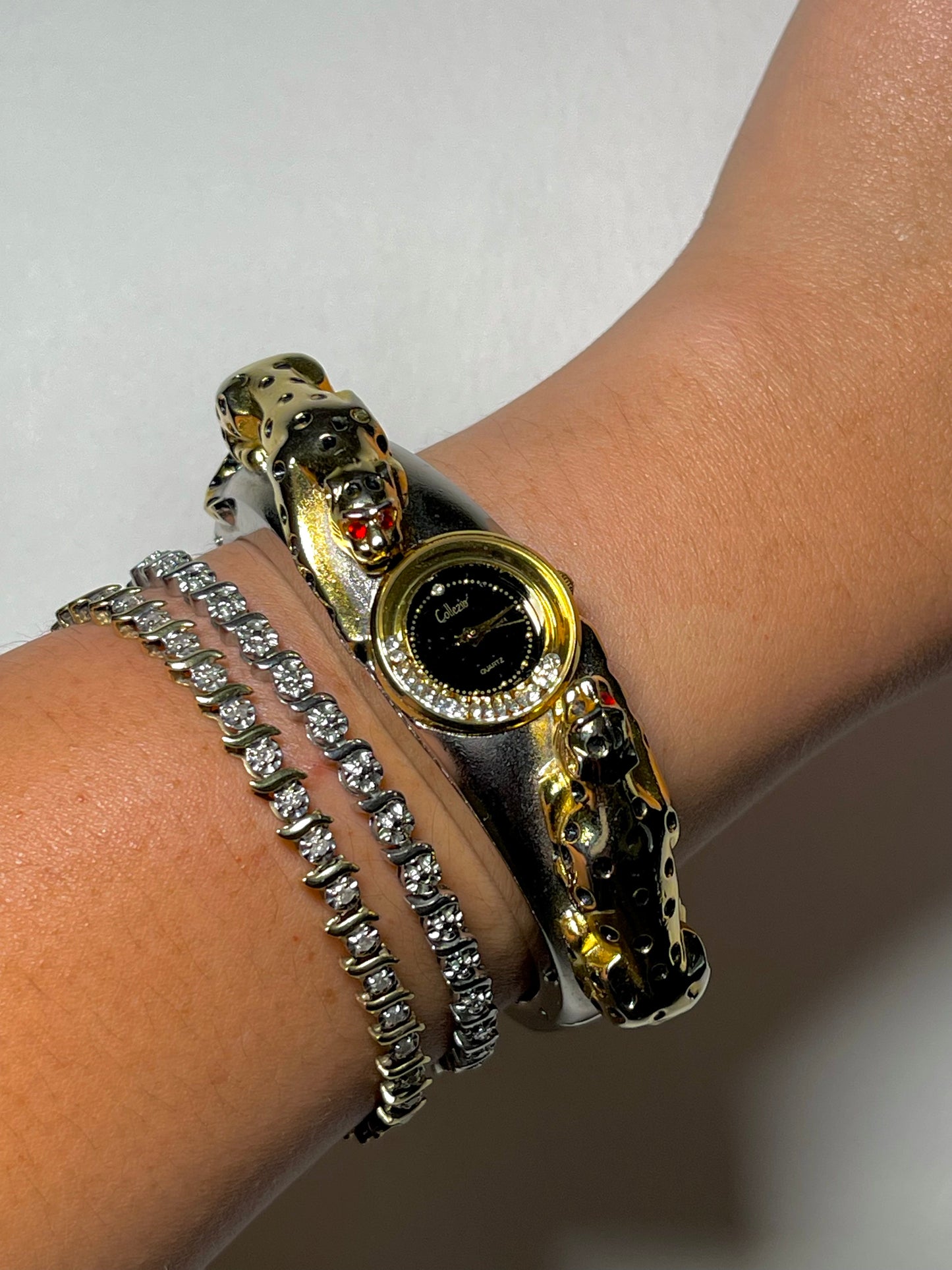 Vintage Collezio Rhinestone Leopard Cocktail Hinged Watch