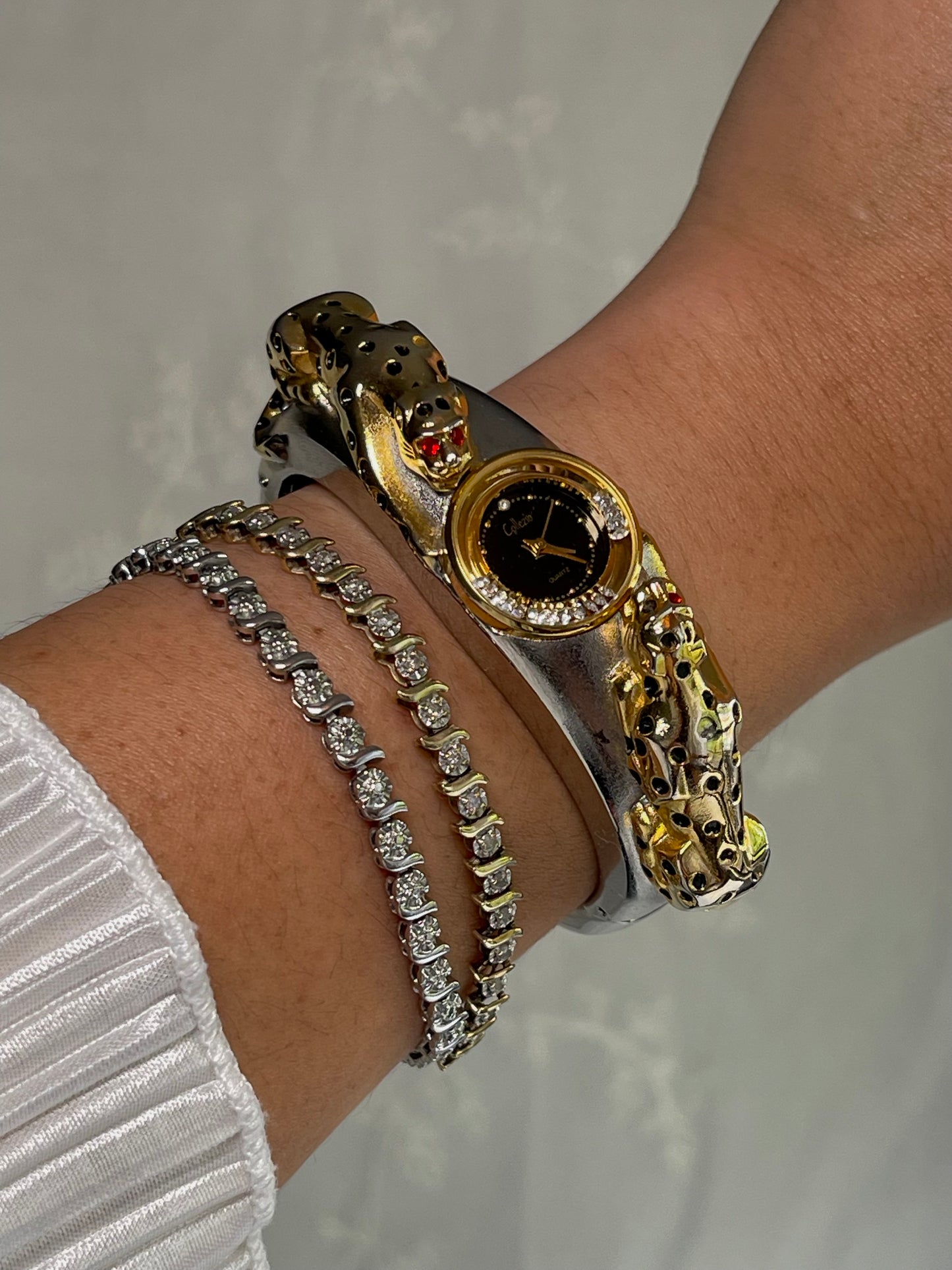 Vintage Collezio Rhinestone Leopard Cocktail Hinged Watch