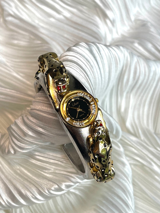 Vintage Collezio Rhinestone Leopard Cocktail Hinged Watch