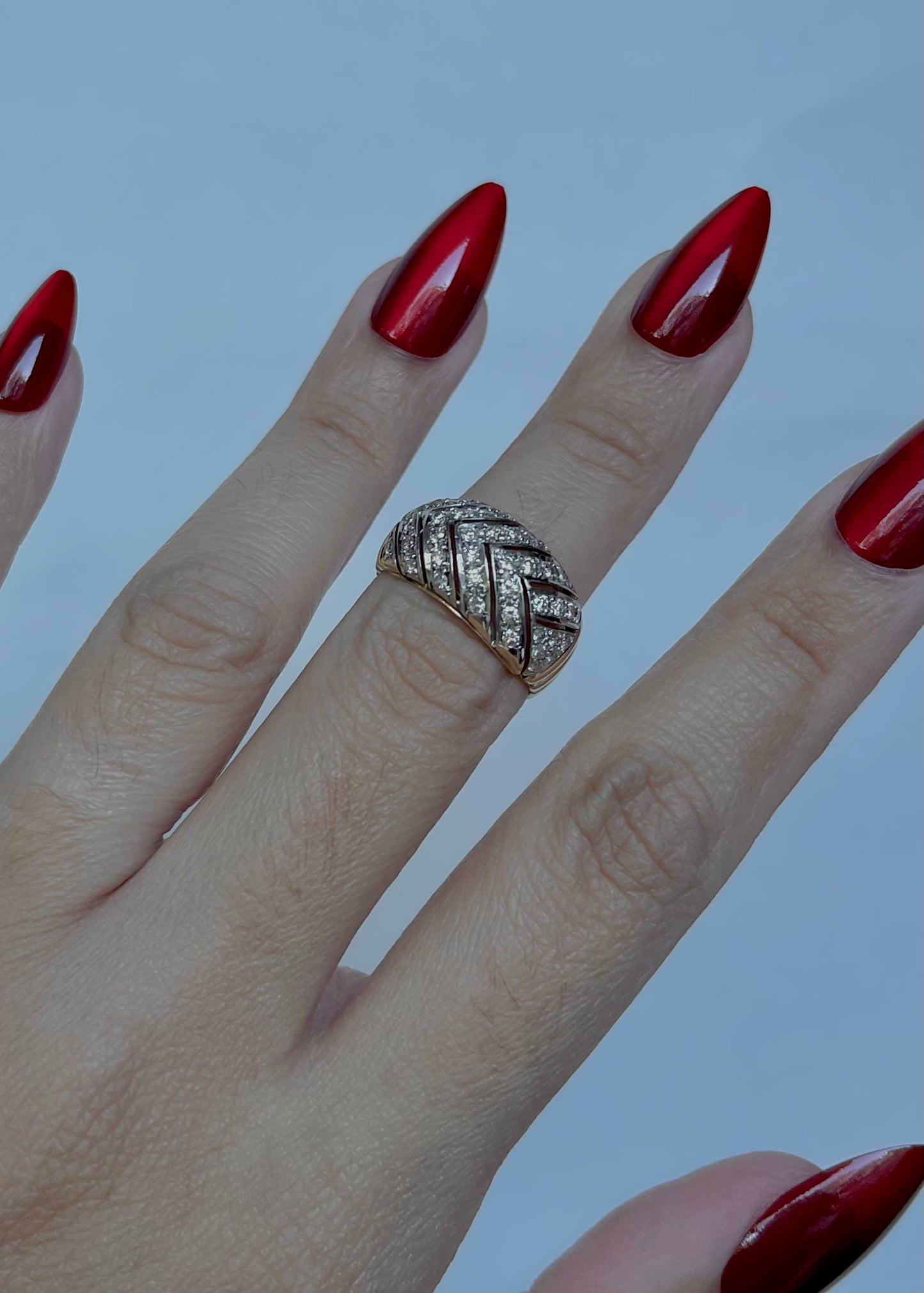 Vintage 14K Two-Toned Yellow and White Gold Diamond Round Brilliant Cut Pave Set Natural Diamond Cocktail Ring