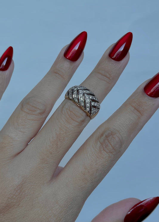 Vintage 14K Two-Toned Yellow and White Gold Diamond Round Brilliant Cut Pave Set Natural Diamond Cocktail Ring