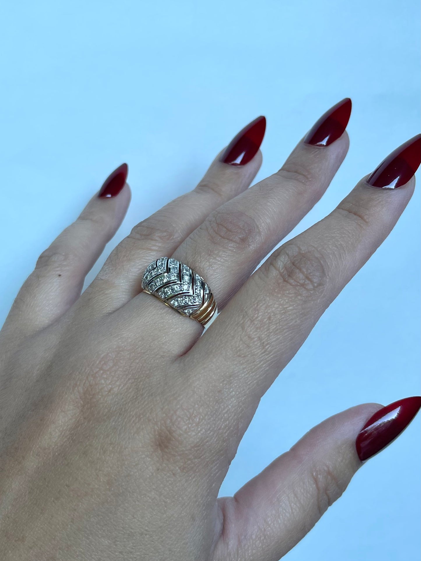 Vintage 14K Two-Toned Yellow and White Gold Diamond Round Brilliant Cut Pave Set Natural Diamond Cocktail Ring