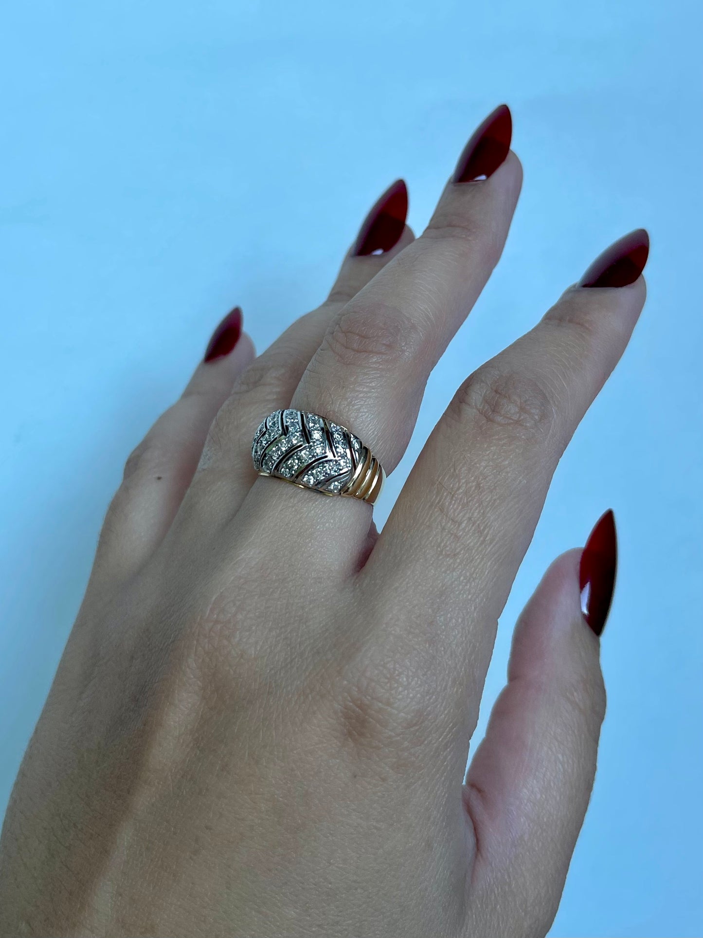 Vintage 14K Two-Toned Yellow and White Gold Diamond Round Brilliant Cut Pave Set Natural Diamond Cocktail Ring