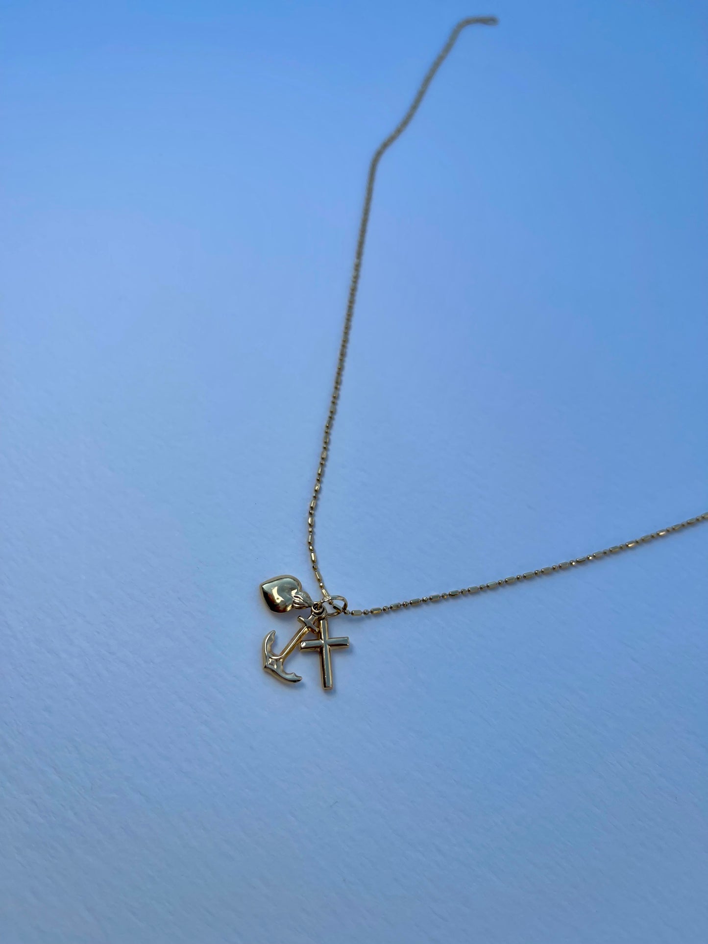 14k Gold- Trio Charm Necklace: Heart, Cross, & Anchor